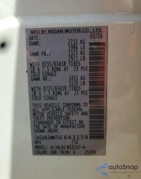 2016 Nissan Pathfinder S из США, поврежденный, VIN 5N1AR2MM7GC643159